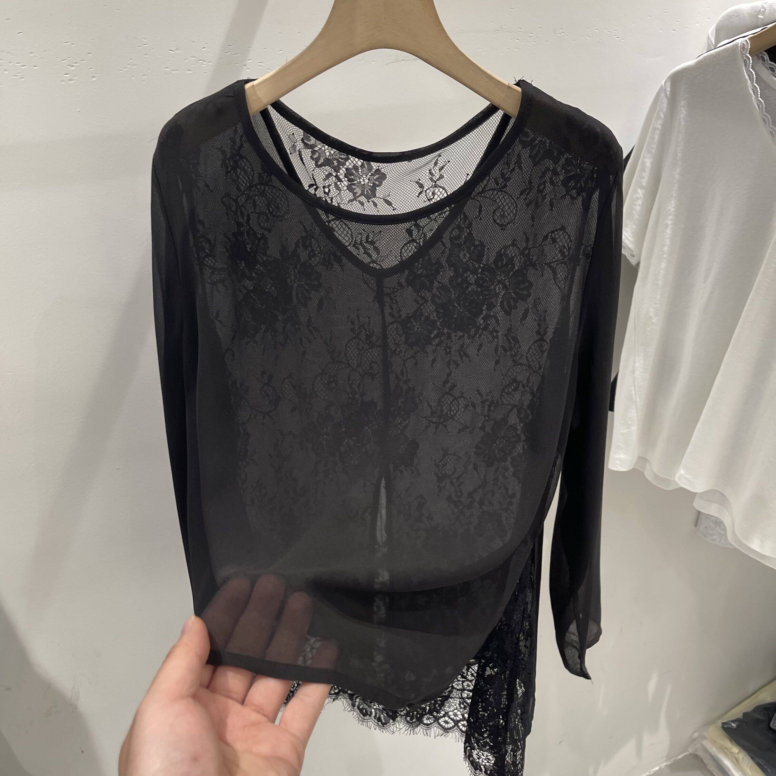 假两件蕾丝拼接雪纺衫长袖T恤女2026春夏新款性感防晒衫打底上衣