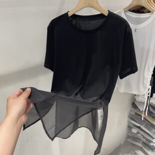 新款 中长款 圆领拼接网纱开叉短袖 T恤女2026夏季 上衣 洋气宽松个性