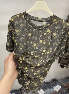 复古碎花网纱短袖T恤女夏季宽松薄款植物系印花上衣