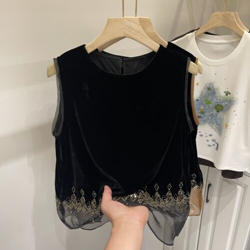 撞色拼纱亮片烫钻丝绒无袖小衫女