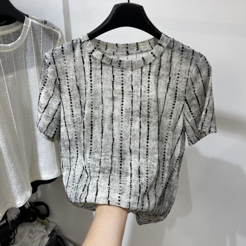 竖条纹植绒晕染印花短袖T恤女