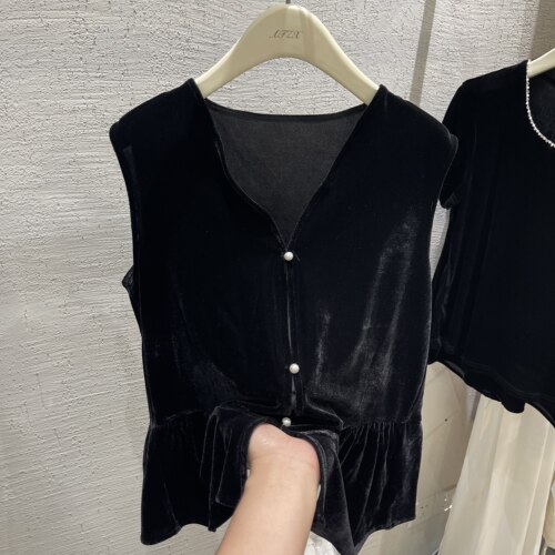 荷叶边V领珍珠扣无袖丝绒马甲女