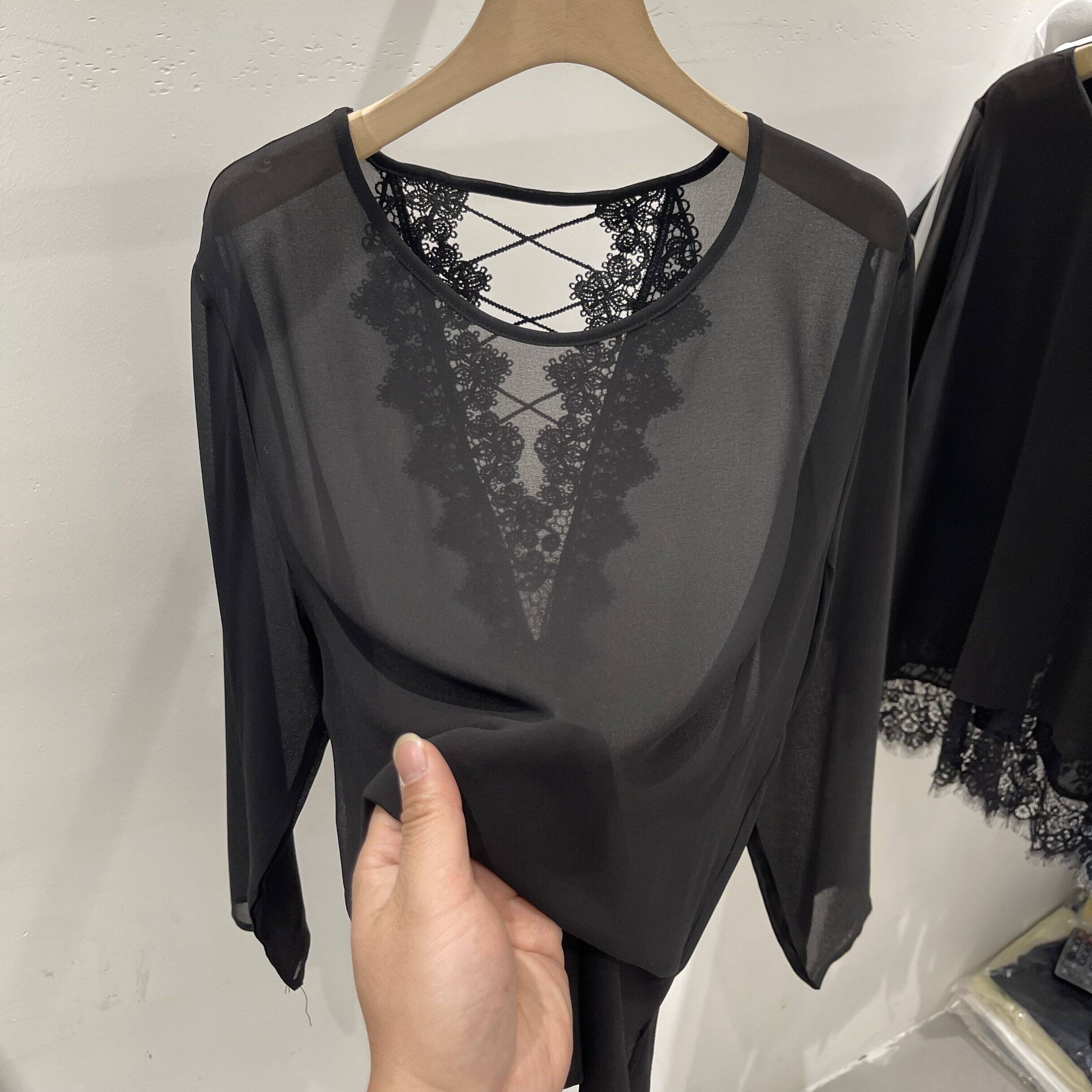 中长款开叉露背绑带雪纺小衫女