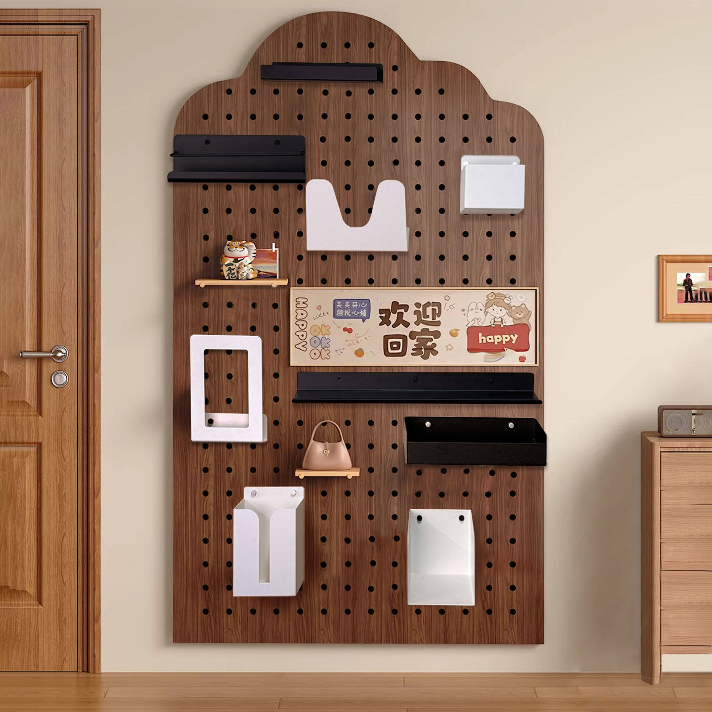 木质洞洞板配件置物板隔板收纳盒挂钩置物盒五金少女置物架圆长孔