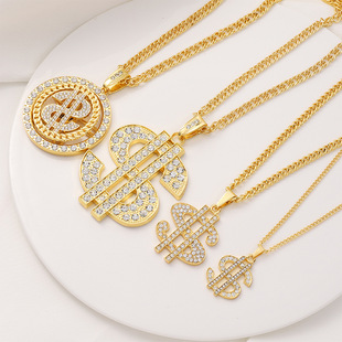 精致时尚项链美金挂饰仿真美元符号镶钻项链首饰流行吊坠颈链装饰