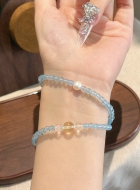【翘宝推荐】海蓝宝双层小颗粒黄水晶珍珠手链