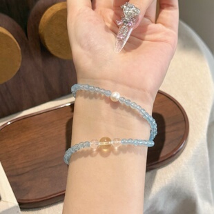 【翘宝推荐】海蓝宝双层小颗粒黄水晶珍珠手链
