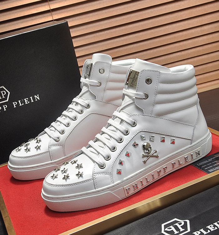 thumbnail for Spring and Autumn New Trendy Men's Shoes, Korean Skull, High-Top White Shoes, Trendy Versatile Rivet Board Shoes, Men's Martin Boots