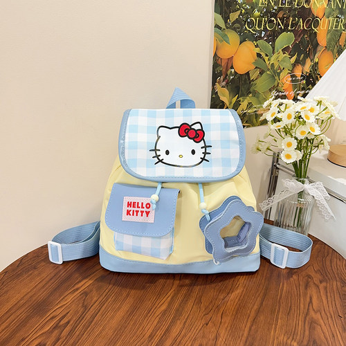 双肩包可爱格子抽绳少女卡通背包