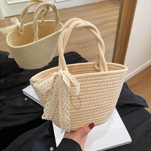 新款编织包田园风手提托特包女时尚百搭度假包沙滩包草编收纳包包