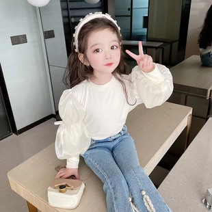 女童网纱泡泡袖打底衫春秋装洋气针织长袖上衣背心裙内搭韩版公主