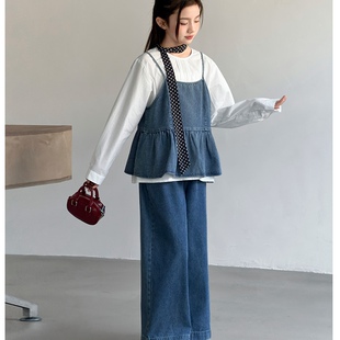 女中大童套装2026新款洋时髦春秋韩牛仔吊带百搭休闲阔腿裤三件套