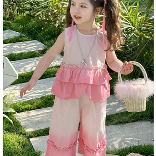 韩系休闲清新好看马甲阔腿裤 洋时髦夏季 炸裂 2026新款 女中小童套装