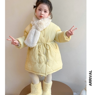女童粉色外套2025新款洋气时髦加绒加厚冬款黄色菱形格子棉服围巾