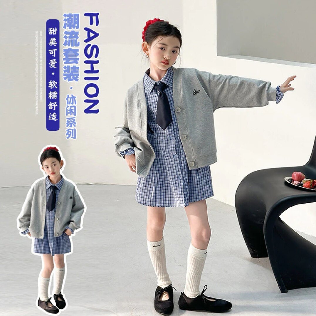 女童韩版格子裙蓝色领带棒球服学院风卫衣外套灰色开衫上衣时尚潮