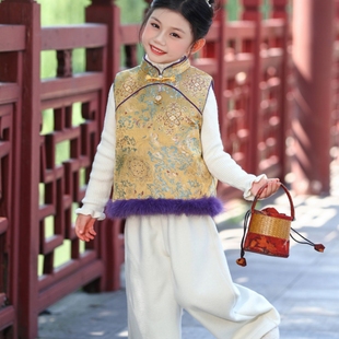 女童套装2025新款洋气时髦加绒加厚冬款新中式马甲裤子两件套国风