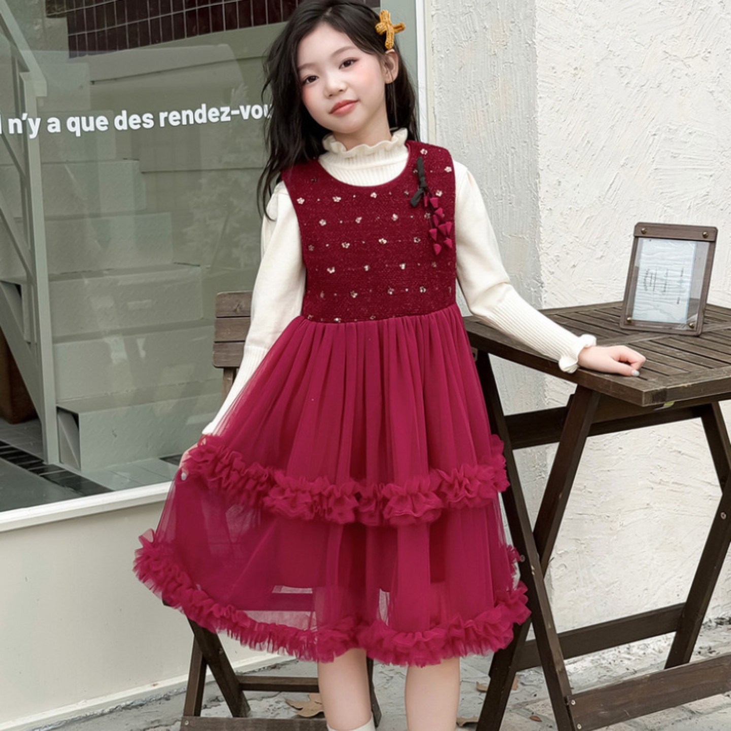 女大童连衣裙2025新款洋气时髦加绒加厚冬款红色公主裙高级拜年服
