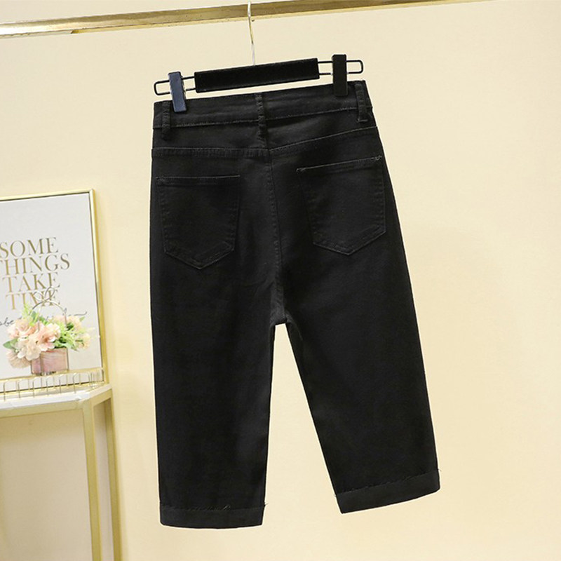 PLUS SIZE WOMENS SUMMER 2024 NEW HIGH WAIST STRETCH CROPPED PANTS FAT MM SLIM HOLE STRAIGHT DENIM SHORTS