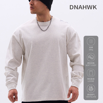 DNAHWK小鹰印花长袖T恤早春简约基础255g纯棉休闲百搭圆领打底衫