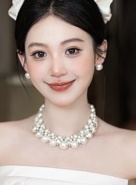 古典重工珍珠项链女多层白色气质新娘婚纱配饰