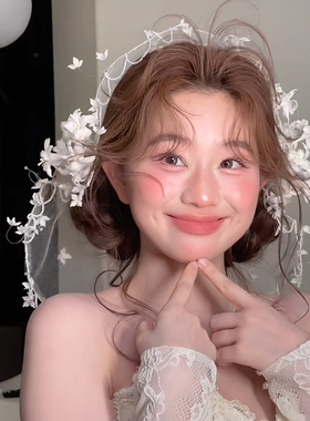 复古超仙森系白色花朵花环新娘头饰遮面头纱外景旅拍婚纱礼服配饰