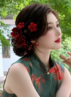 新娘红色花朵头花古风中式绒花发夹订婚敬酒服大气配饰品