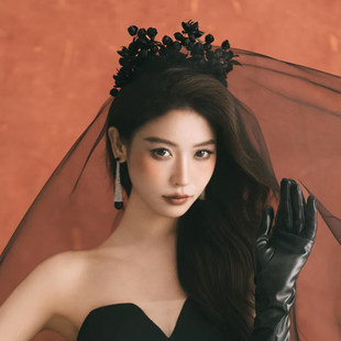 黑色花朵皇冠发箍复古宫廷风赫本婚礼服配饰生日头饰