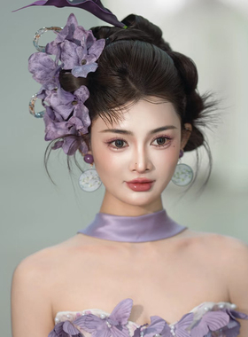 新中式晨袍头饰2025新款古典紫色高级感旗袍礼服超仙花朵发簪配饰