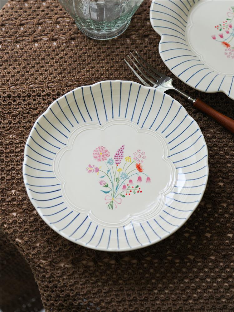 索厨 ins风法式小花汤盘波浪花边盘子带深度陶瓷中餐菜盘意面盘