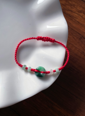 天然翡翠A货飘绿小厚平安扣编红手绳喜气新生婴儿童新年手绳手链