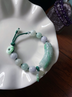 天然a货翡翠万贯回文雕刻福弯管手牌转运圆珠编绳葫芦手串手链绳