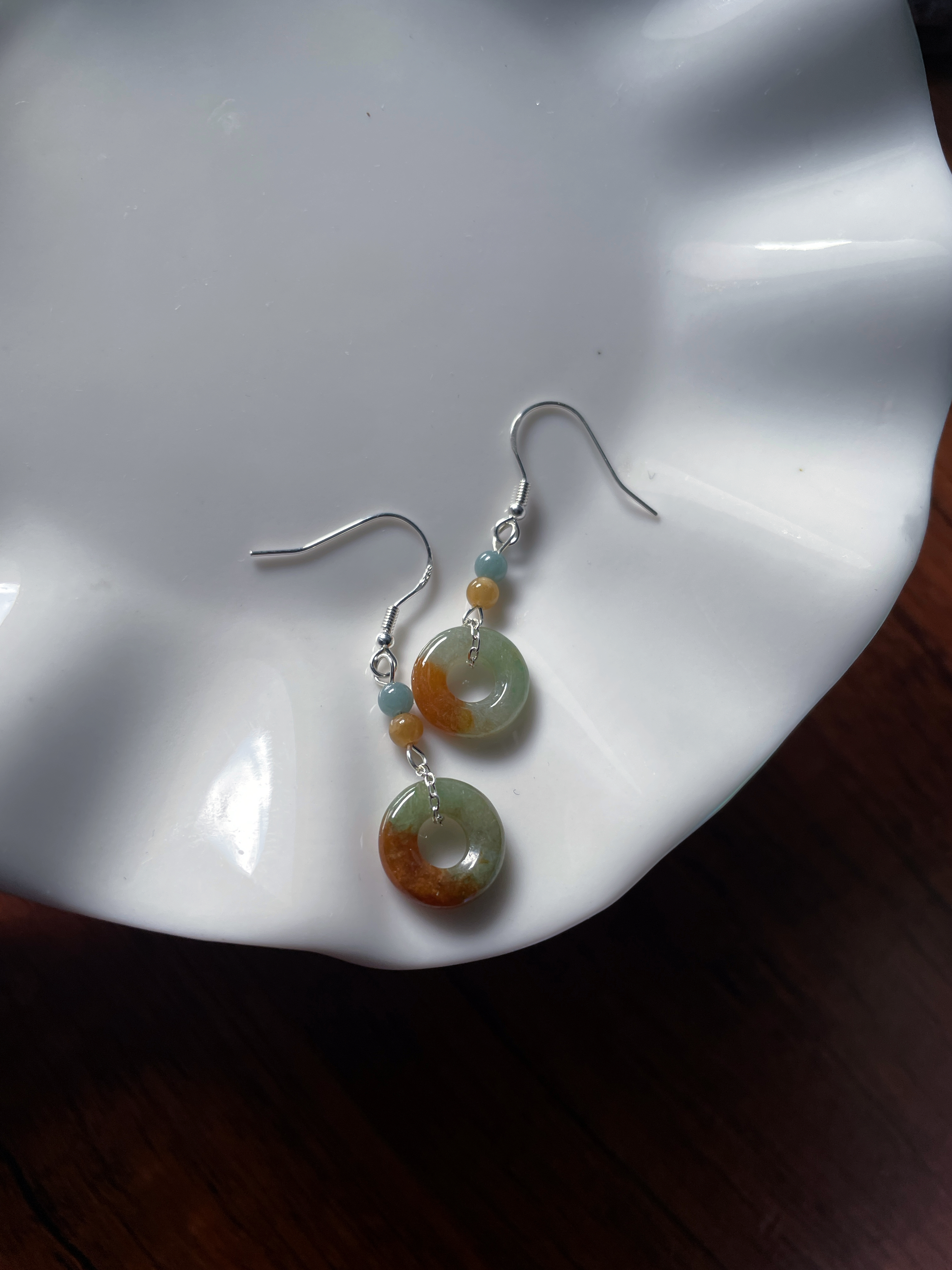 天然a货翡翠茶飘红黄小甜甜圈平安扣旗袍汉服925银耳环耳坠耳饰钩