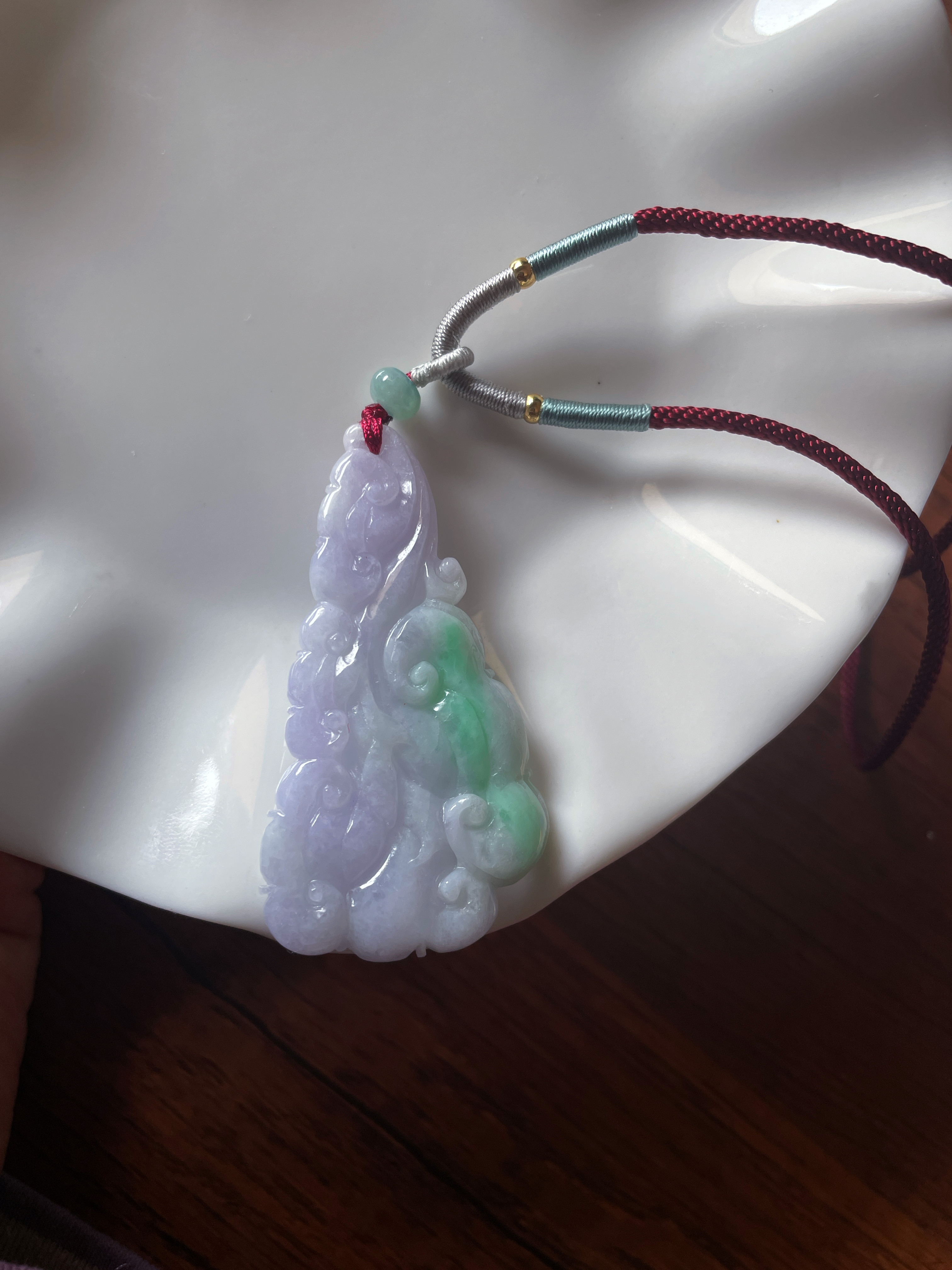 特色天然a货翡翠浅紫飘绿灵芝如意大吊坠毛衣链吊坠手把件车挂坠