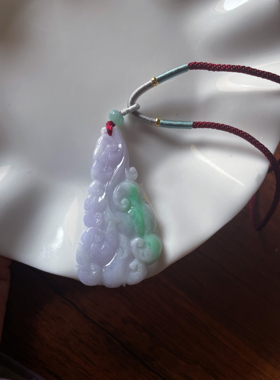 特色天然a货翡翠浅紫飘绿灵芝如意大吊坠毛衣链吊坠手把件车挂坠