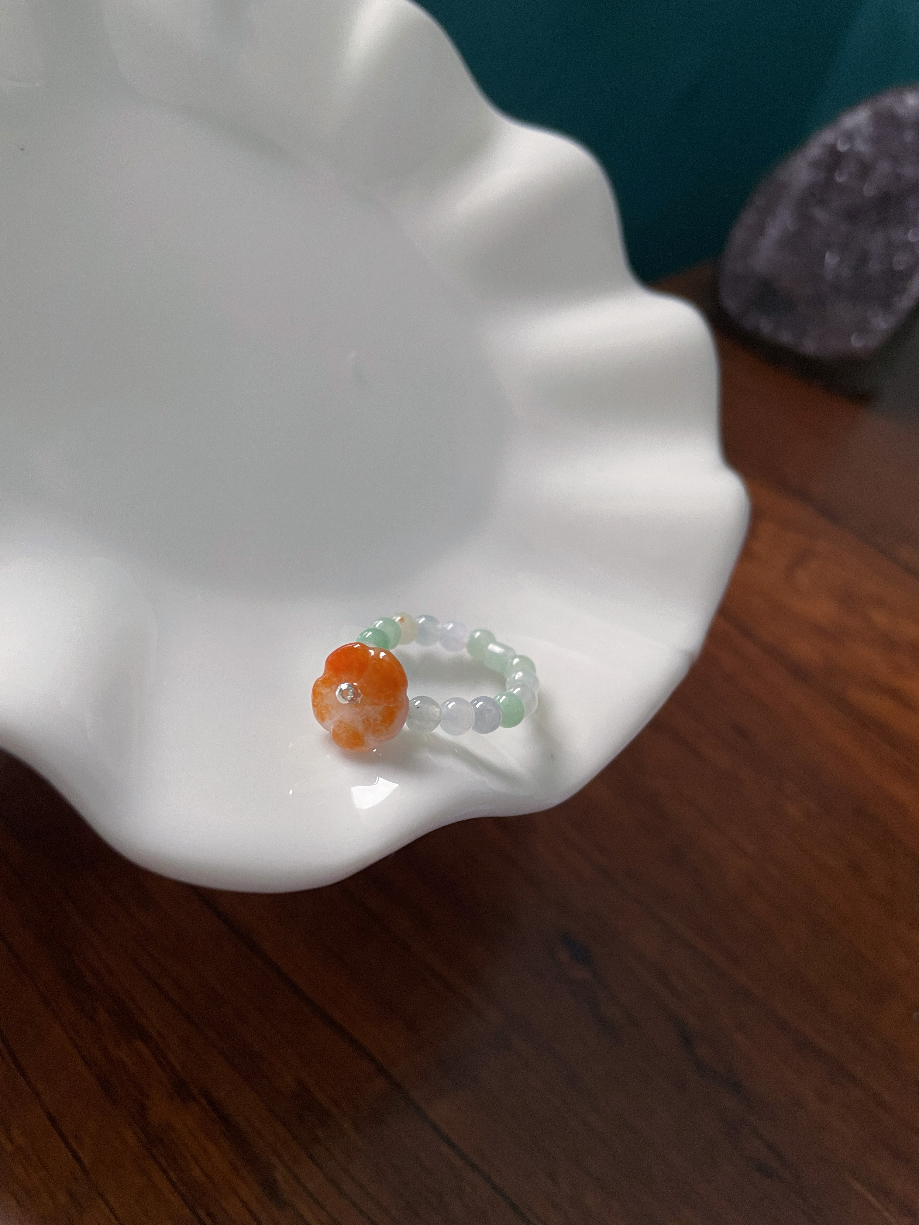 中式天然a货翡翠玉石小米珠串圆珠飘红小花戒指环闺蜜女文玩配饰