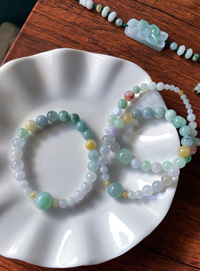 设计甜色天然a货翡翠马卡龙卡7+11+圆珠单珠跑环手串手链玉石珠串