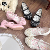 现货 缎缎糕 绵羊泡芙定制Lolita鞋 蕾丝蝴蝶结中跟皮鞋 玛丽珍