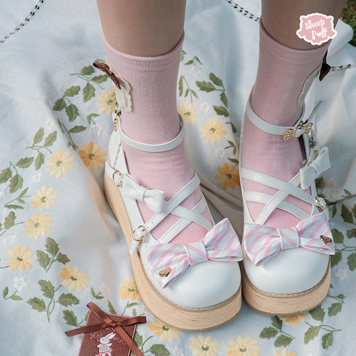 【现货】糖果茶厚底鞋 绵羊泡芙Lolita条纹蝴蝶结糖果色松糕鞋