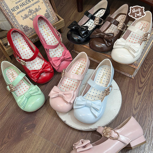 【现货十团】抱抱熊光泽色中低跟 绵羊泡芙Lolita小熊蝴蝶结单鞋