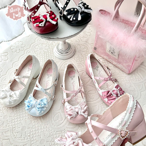 【定金】恋爱花束 绵羊泡芙Lolita缎带珍珠蝴蝶结中跟单鞋