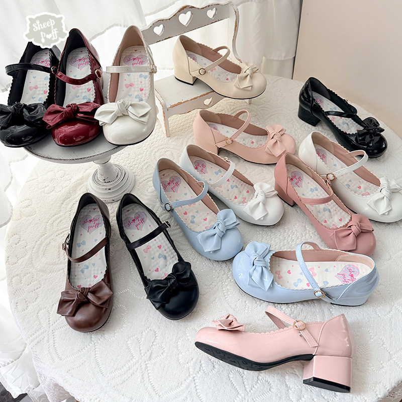 【定金】有点圆包跟中跟 哑光亮皮绵羊泡芙Lolita蝴蝶结中跟单鞋