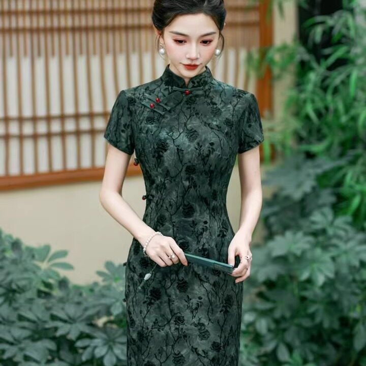 复古风修身气质修身高档植绒旗袍