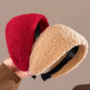 高级感红色羊羔毛宽边发箍女秋冬高颅顶发捆气质圣诞新年发卡头箍