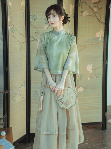 中式茶服两件套复古小洋装连衣裙