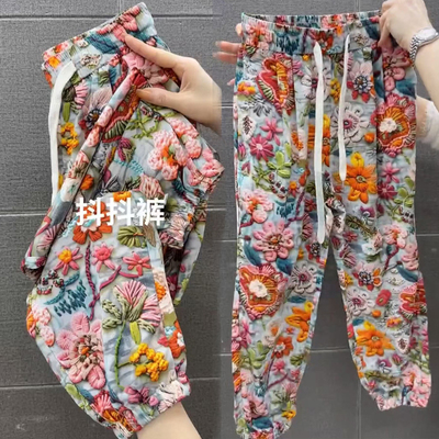 欧货2025夏季薄款冰丝印花休闲裤