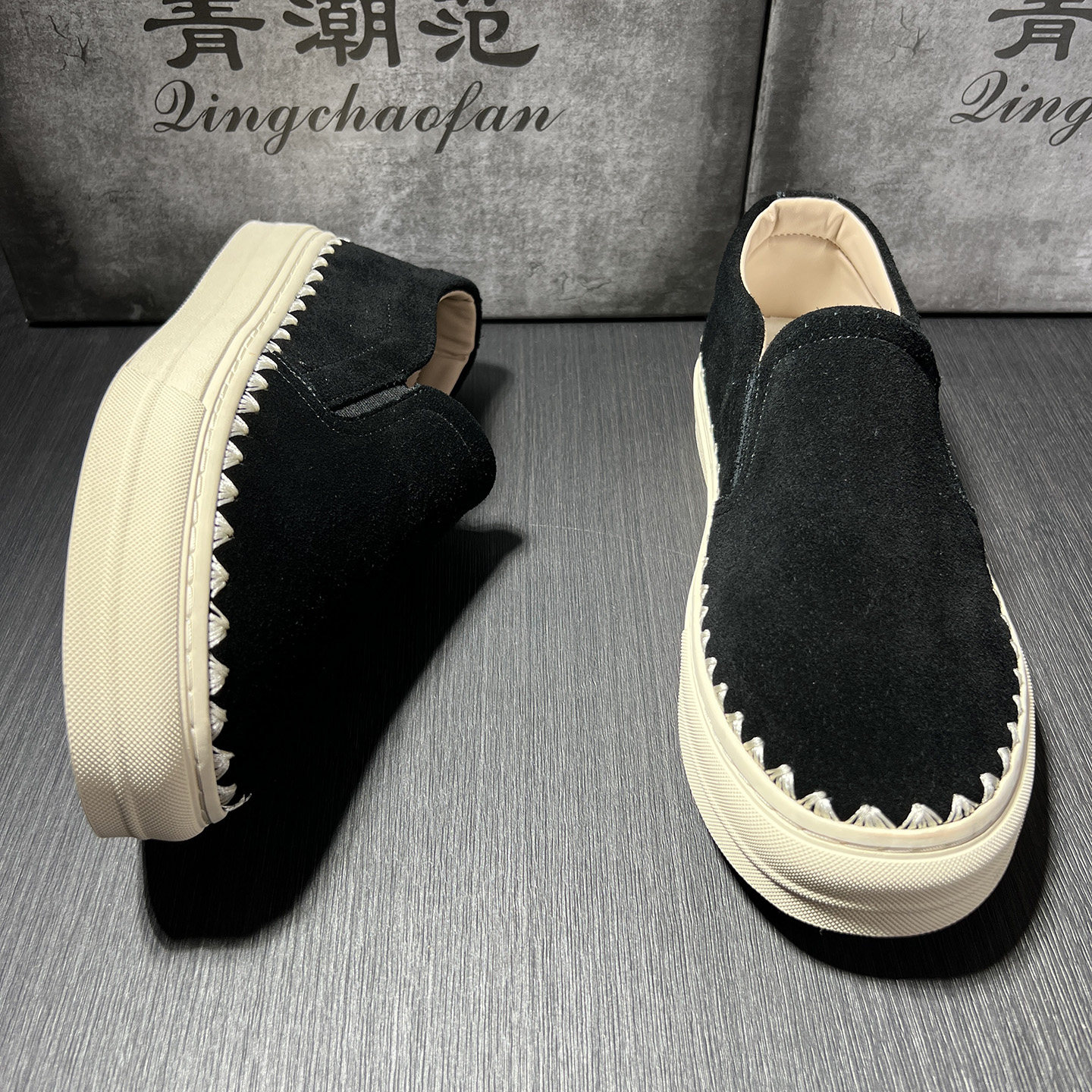秋季新款翻毛皮一脚蹬乐福鞋男花边厚底懒人套脚板鞋复古休闲鞋子