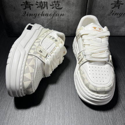 秋季新款厚底板鞋男星星棋盘格小白鞋增高休闲面包鞋百搭运动鞋子