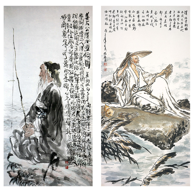古画姜太公钓鱼图文王求贤图渔具店挂画客厅茶室贴画墙画喷绘自粘