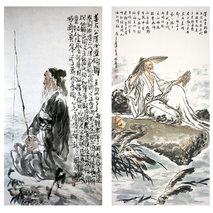 古画姜太公钓鱼图文王求贤图渔具店挂画客厅茶室贴画墙画喷绘自粘