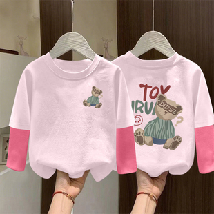 儿童T恤纯棉热销新款 甜美舒适圆领上衣 假两件潮童春秋长袖 打底衫